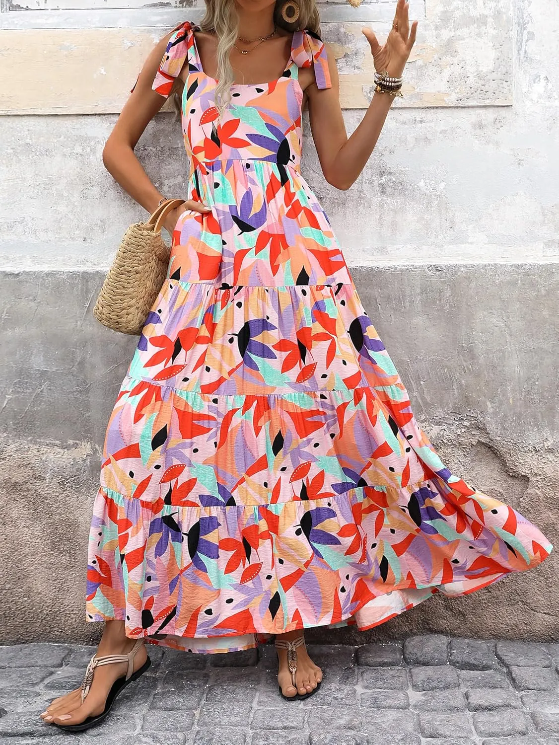 PRETTYGARDEN Women Dresses 2025 Summer Floral Sleeveless Maxi Dress Casual Spaghetti Strap Tiered Flowy Beach Long Dress