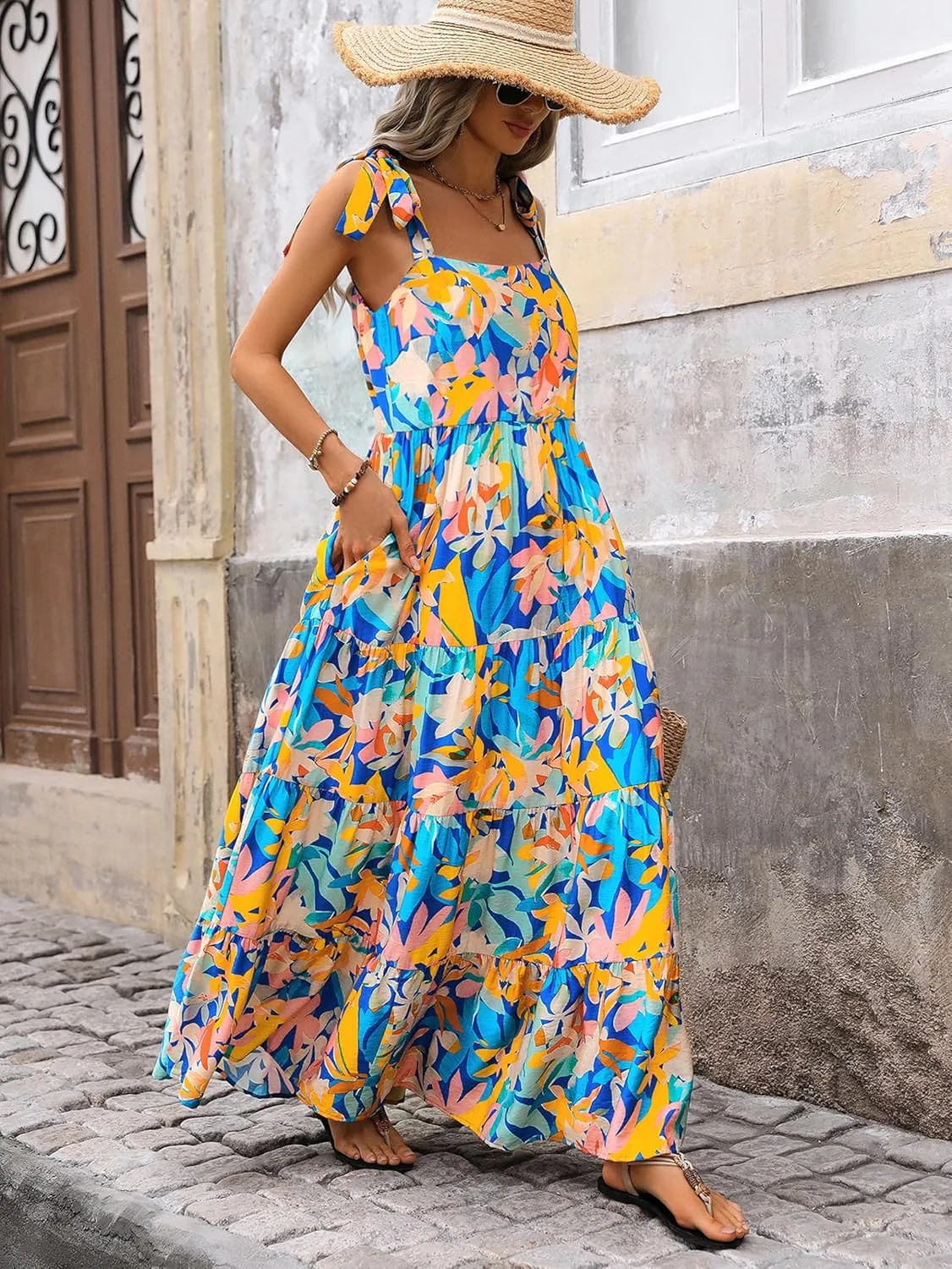 PRETTYGARDEN Women Dresses 2025 Summer Floral Sleeveless Maxi Dress Casual Spaghetti Strap Tiered Flowy Beach Long Dress