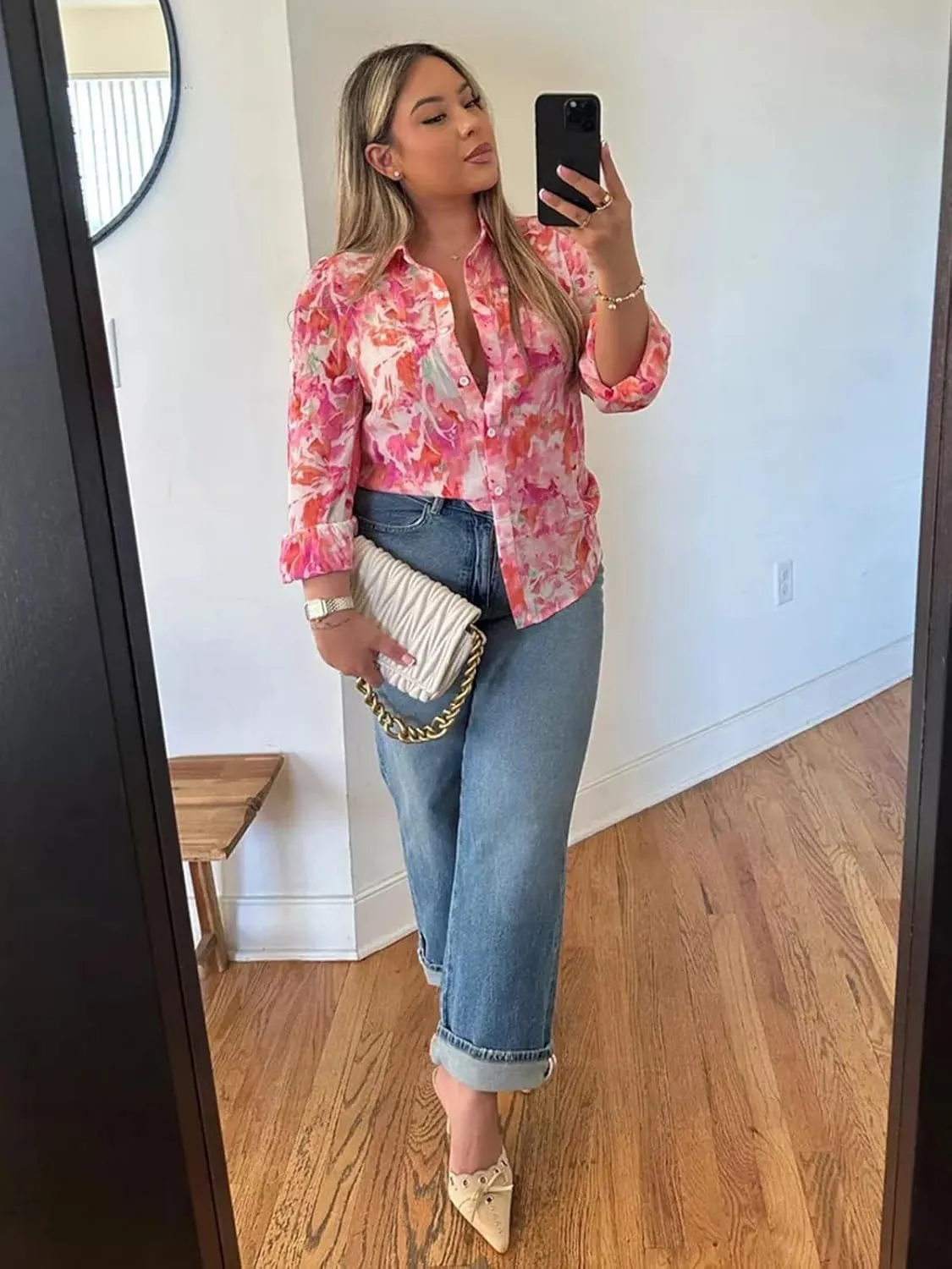 PRETTYGARDEN Women's Floral Blouses Dressy Casual V Neck Button Down Shirts Lantern Long Sleeve Boho Chiffon Spring Tops 2025