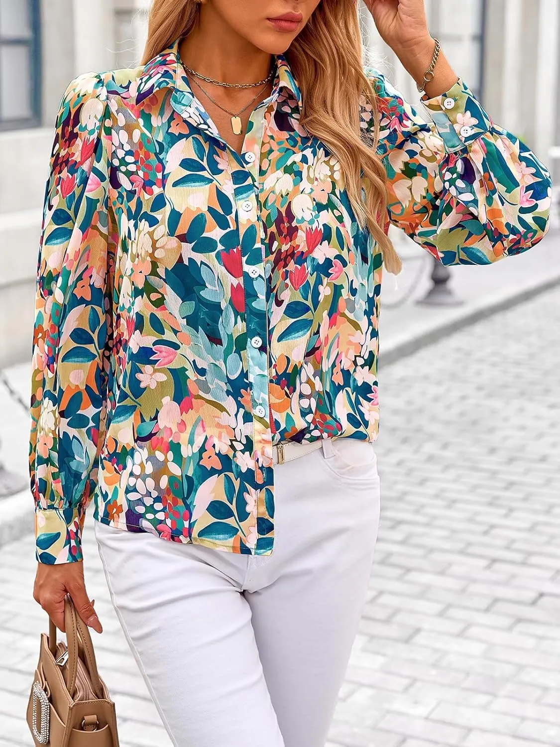 PRETTYGARDEN Women's Floral Blouses Dressy Casual V Neck Button Down Shirts Lantern Long Sleeve Boho Chiffon Spring Tops 2025