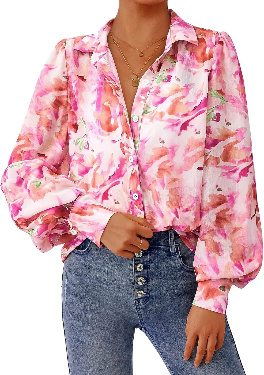 PRETTYGARDEN Women's Floral Blouses Dressy Casual V Neck Button Down Shirts Lantern Long Sleeve Boho Chiffon Spring Tops 2025