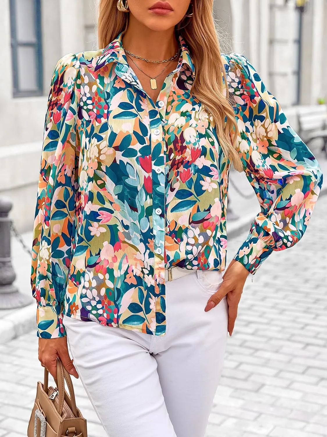 PRETTYGARDEN Women's Floral Blouses Dressy Casual V Neck Button Down Shirts Lantern Long Sleeve Boho Chiffon Spring Tops 2025