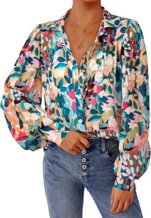 PRETTYGARDEN Women's Floral Blouses Dressy Casual V Neck Button Down Shirts Lantern Long Sleeve Boho Chiffon Spring Tops 2025