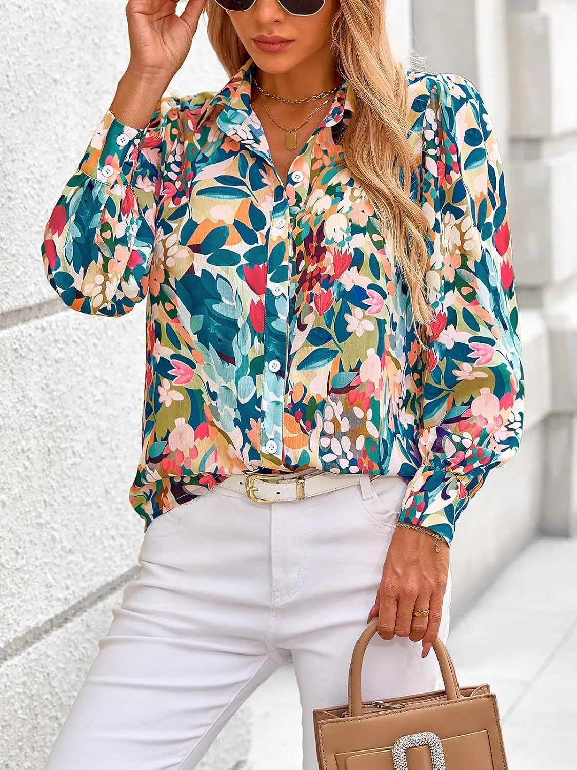 PRETTYGARDEN Women's Floral Blouses Dressy Casual V Neck Button Down Shirts Lantern Long Sleeve Boho Chiffon Spring Tops 2025