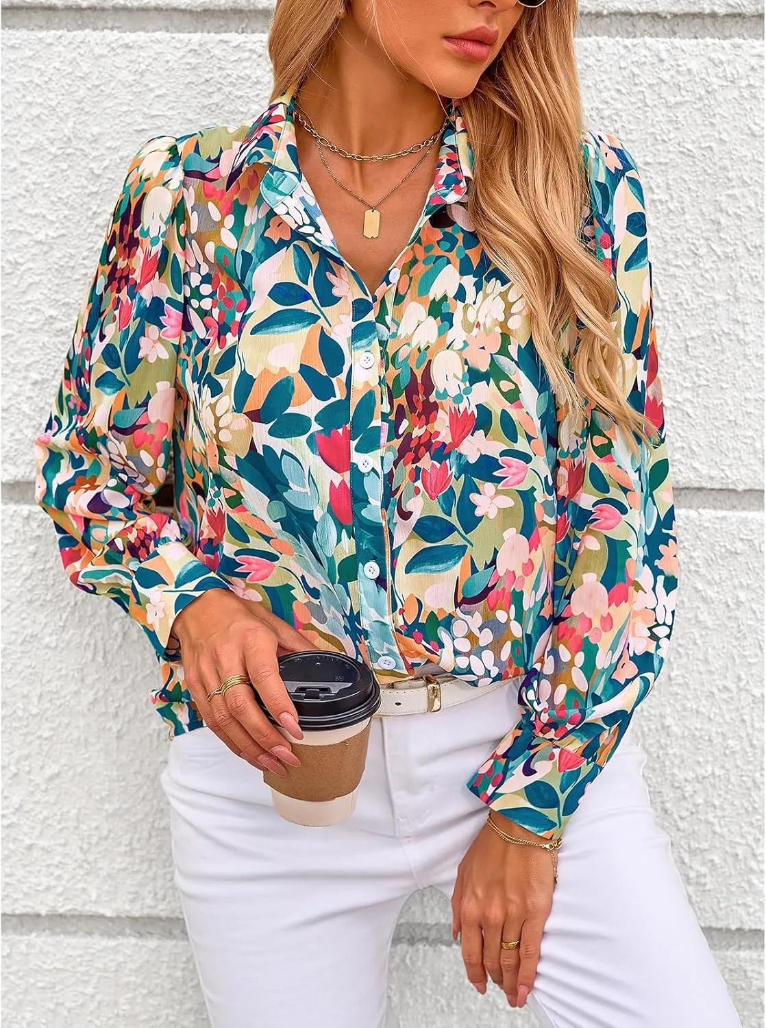 PRETTYGARDEN Women's Floral Blouses Dressy Casual V Neck Button Down Shirts Lantern Long Sleeve Boho Chiffon Spring Tops 2025