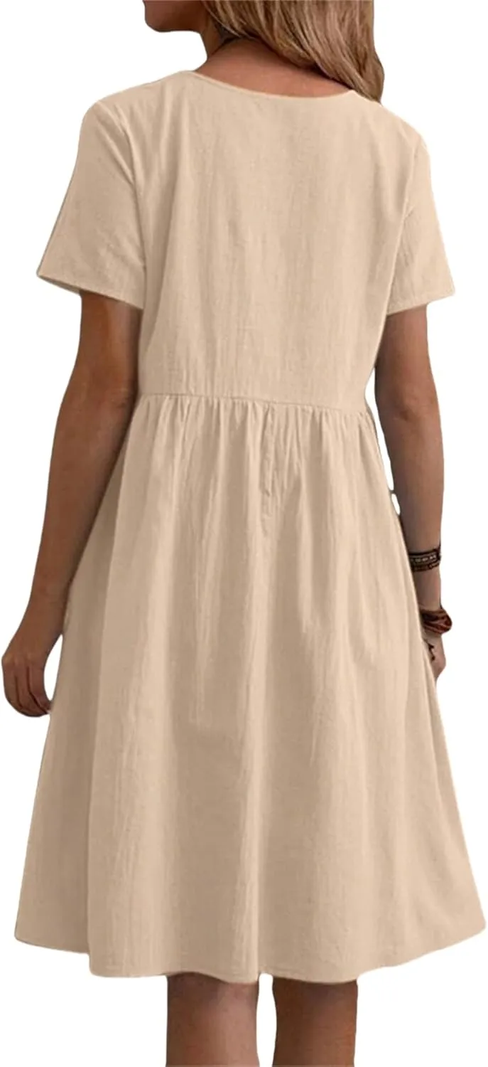 Summer Dresses for Women Cotton Linen Casual Midi Dresses Short Sleeve Crewneck Loose Flowy Dress with Pockets