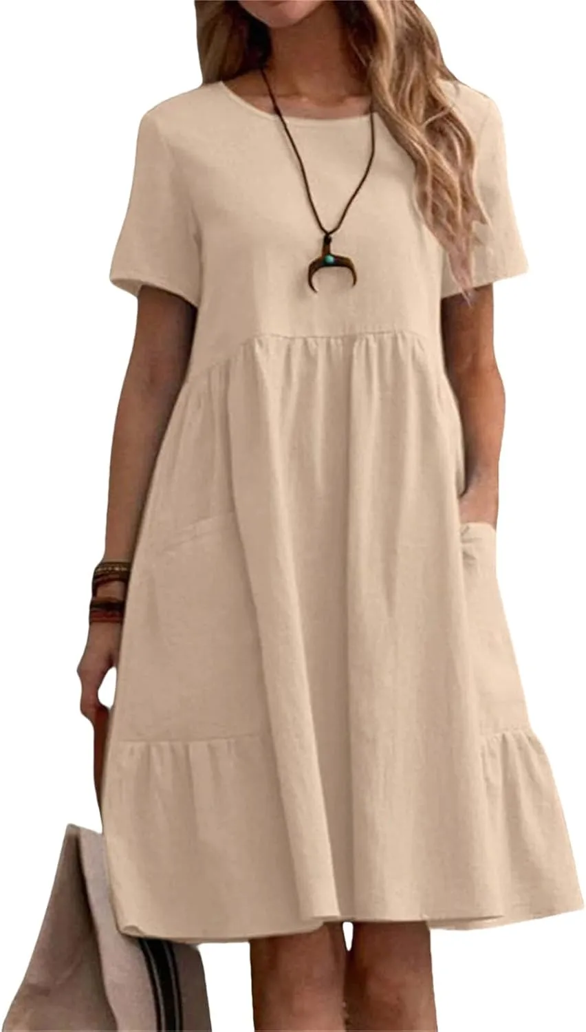 Summer Dresses for Women Cotton Linen Casual Midi Dresses Short Sleeve Crewneck Loose Flowy Dress with Pockets