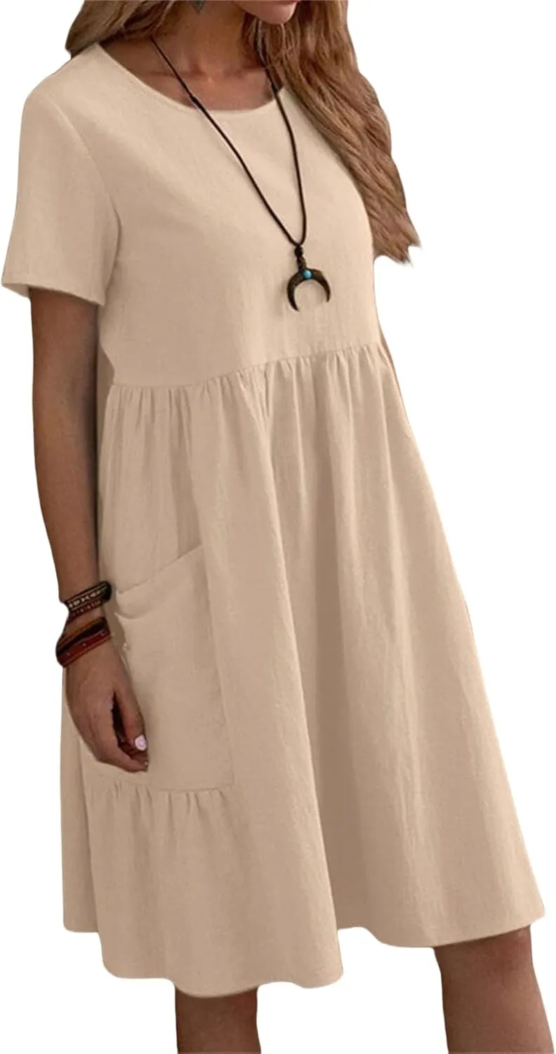 Summer Dresses for Women Cotton Linen Casual Midi Dresses Short Sleeve Crewneck Loose Flowy Dress with Pockets