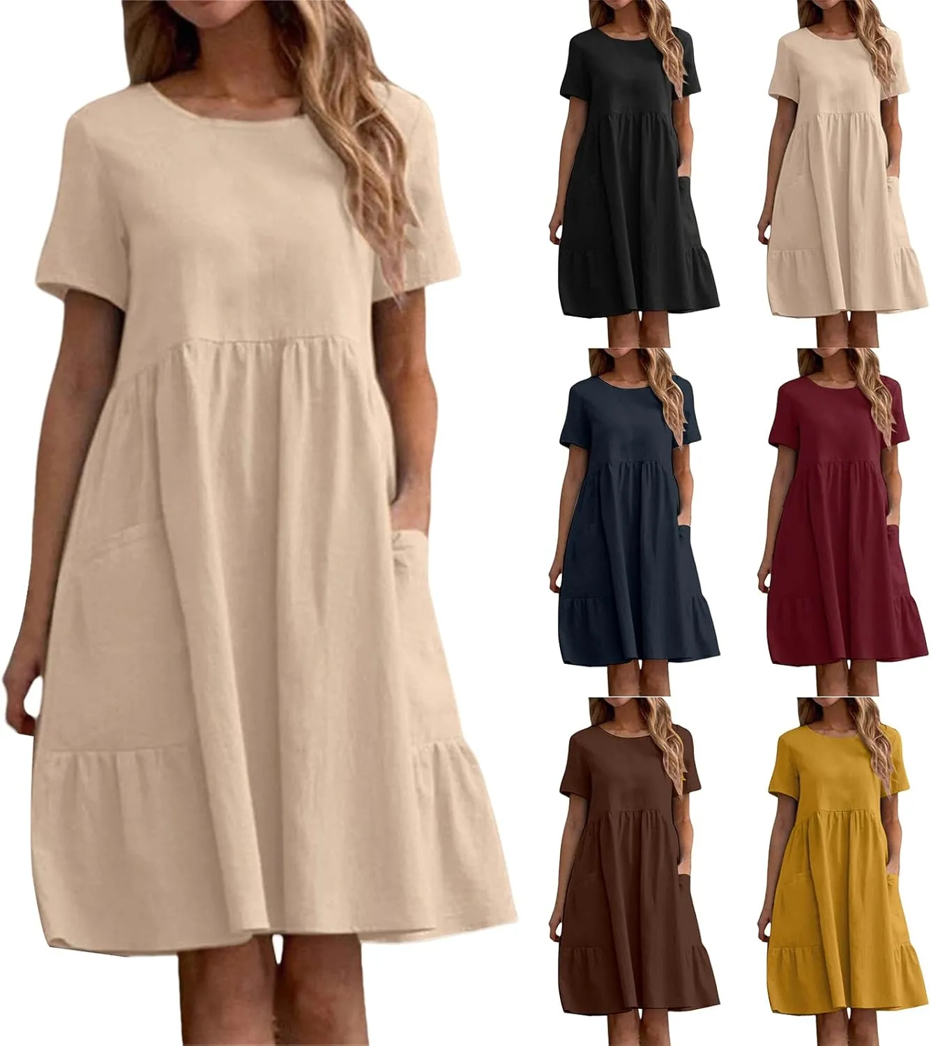 Summer Dresses for Women Cotton Linen Casual Midi Dresses Short Sleeve Crewneck Loose Flowy Dress with Pockets