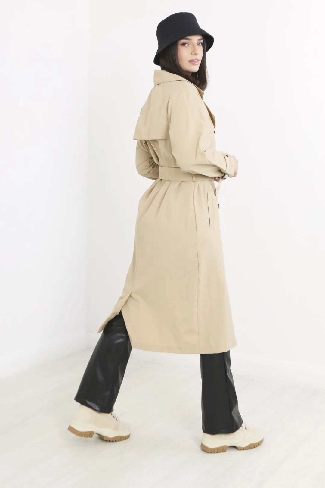 TAN DOUBLE BREASTED LONGLINE BELTED MAC