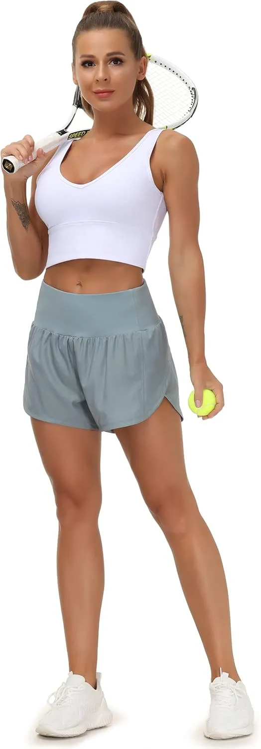 THE GYM PEOPLE Womens High Waisted Running Shorts Quick Dry Athletic Workout Shorts with Mesh Liner Zipper Pockets