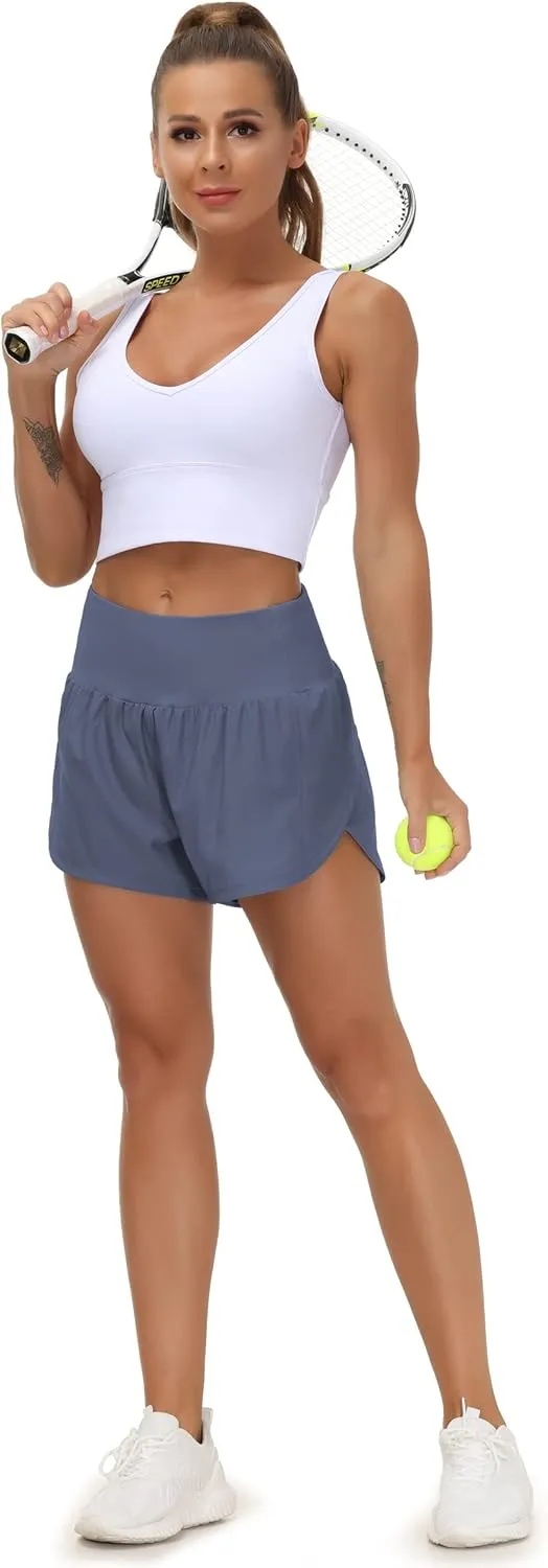 THE GYM PEOPLE Womens High Waisted Running Shorts Quick Dry Athletic Workout Shorts with Mesh Liner Zipper Pockets