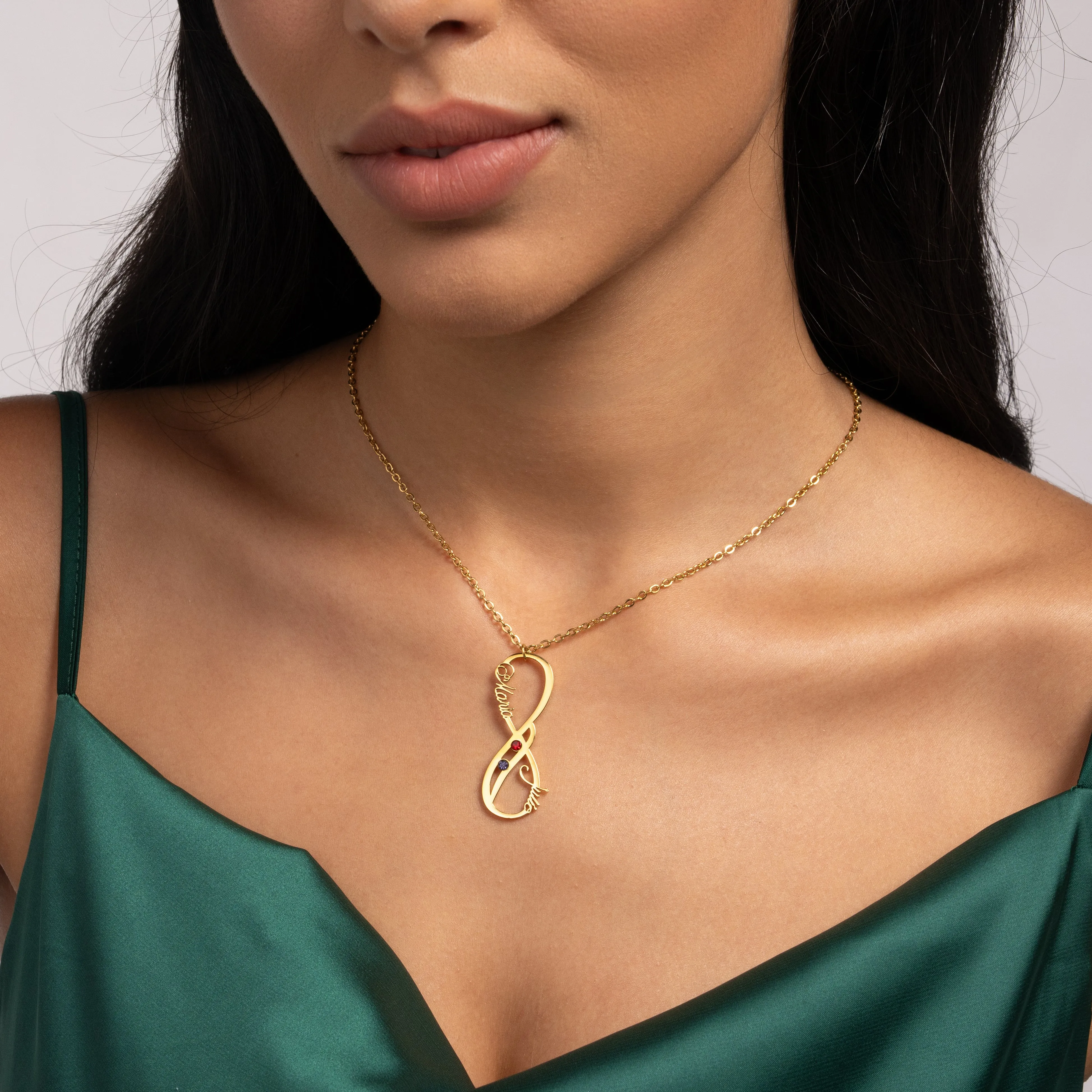 Vertical Necklace Pendant with two names and Birthstones