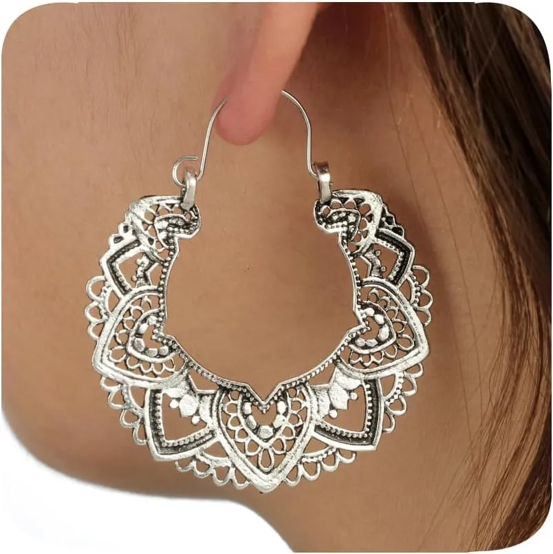 Vintage 925 Sterling Silver Filigree Hoop Earrings Bohemian for Women Intricate & Delicate Cutout Design Details Tribal Floral Gypsy Lightweight Metallic Statement EarringsSilver