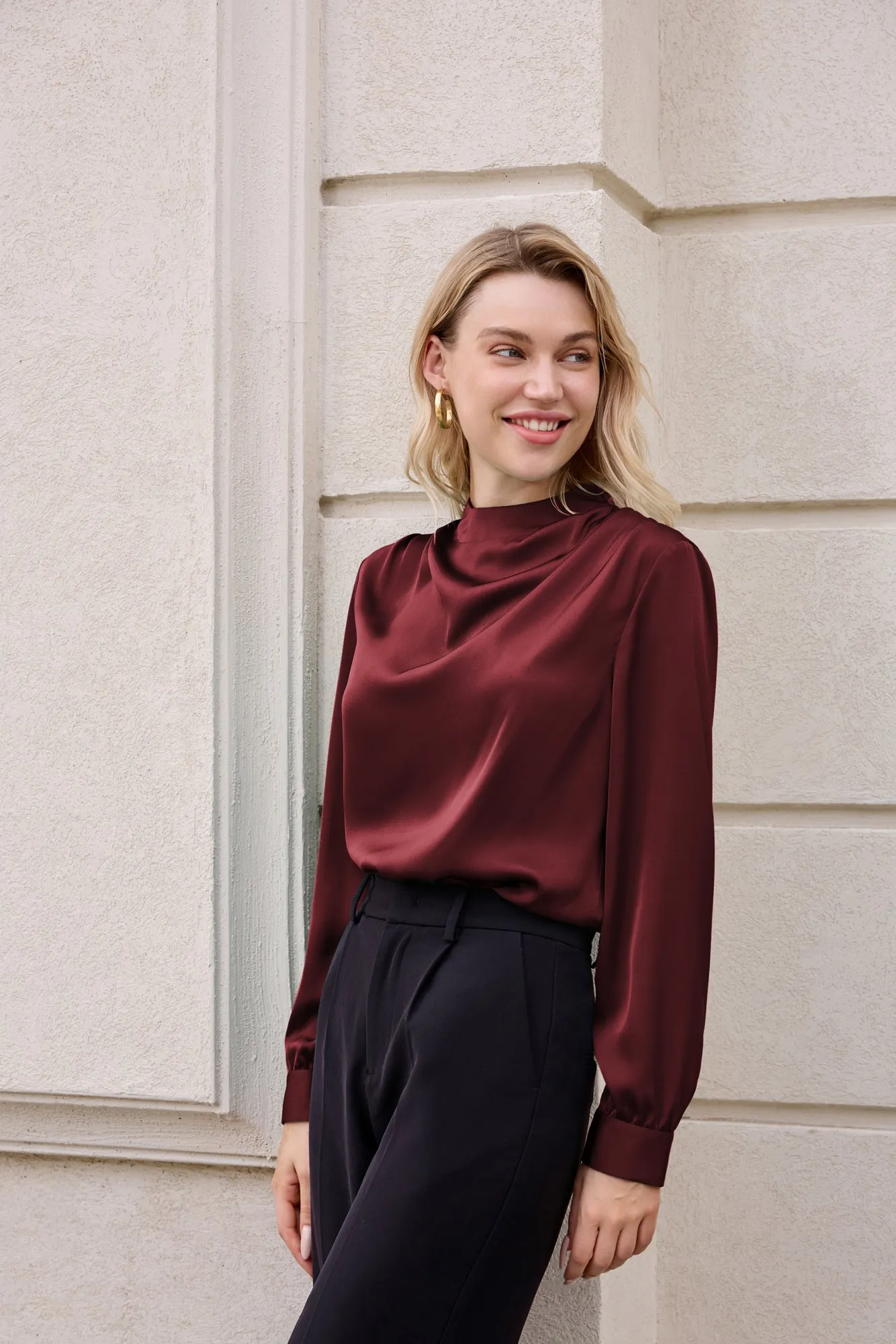 Women Keyhole Back Blouse OL Long Sleeve Half High Neck Pullover Tops