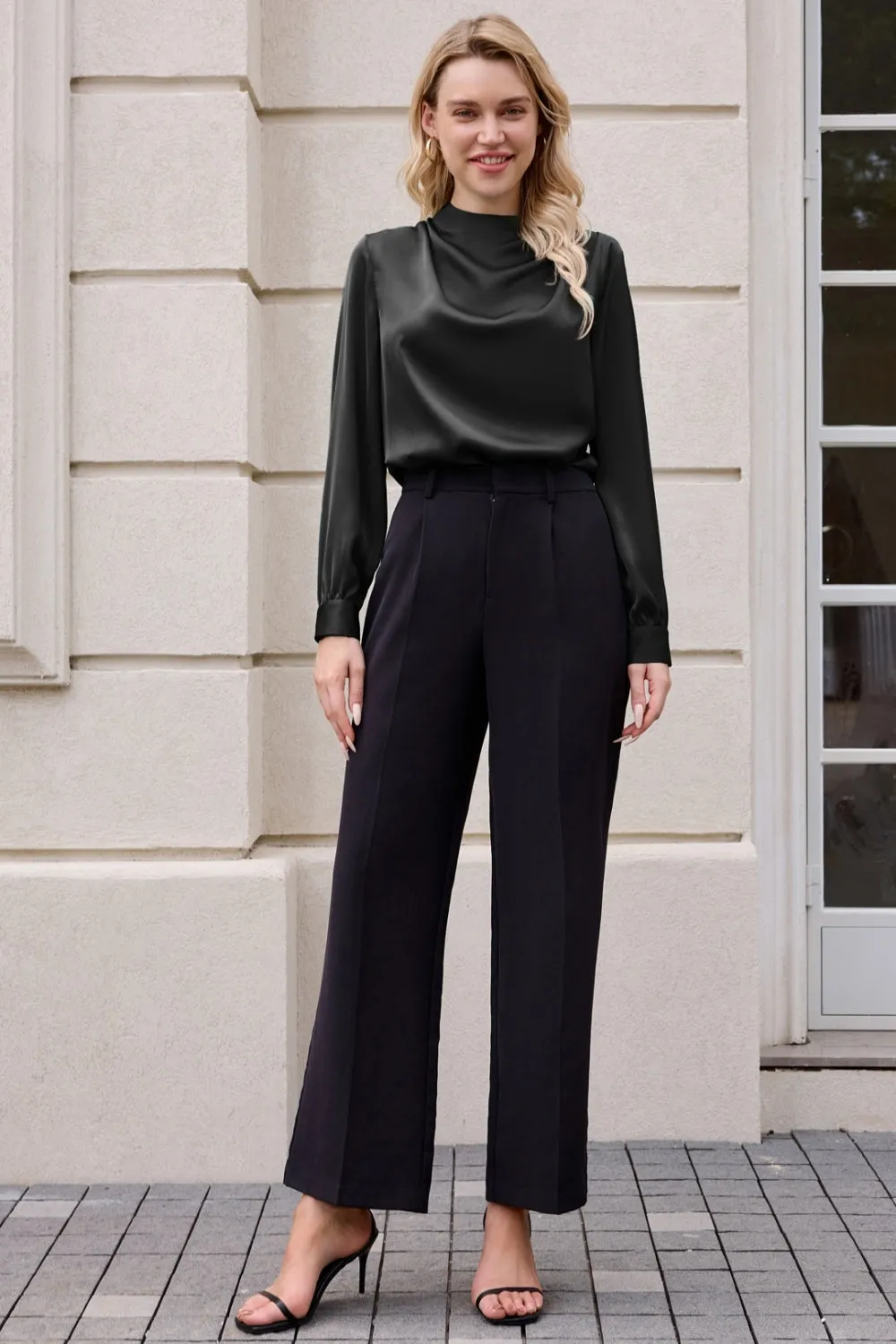 Women Keyhole Back Blouse OL Long Sleeve Half High Neck Pullover Tops