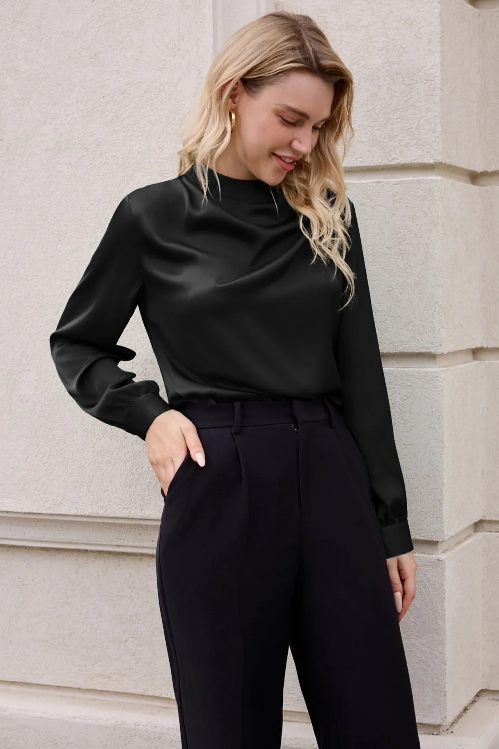 Women Keyhole Back Blouse OL Long Sleeve Half High Neck Pullover Tops