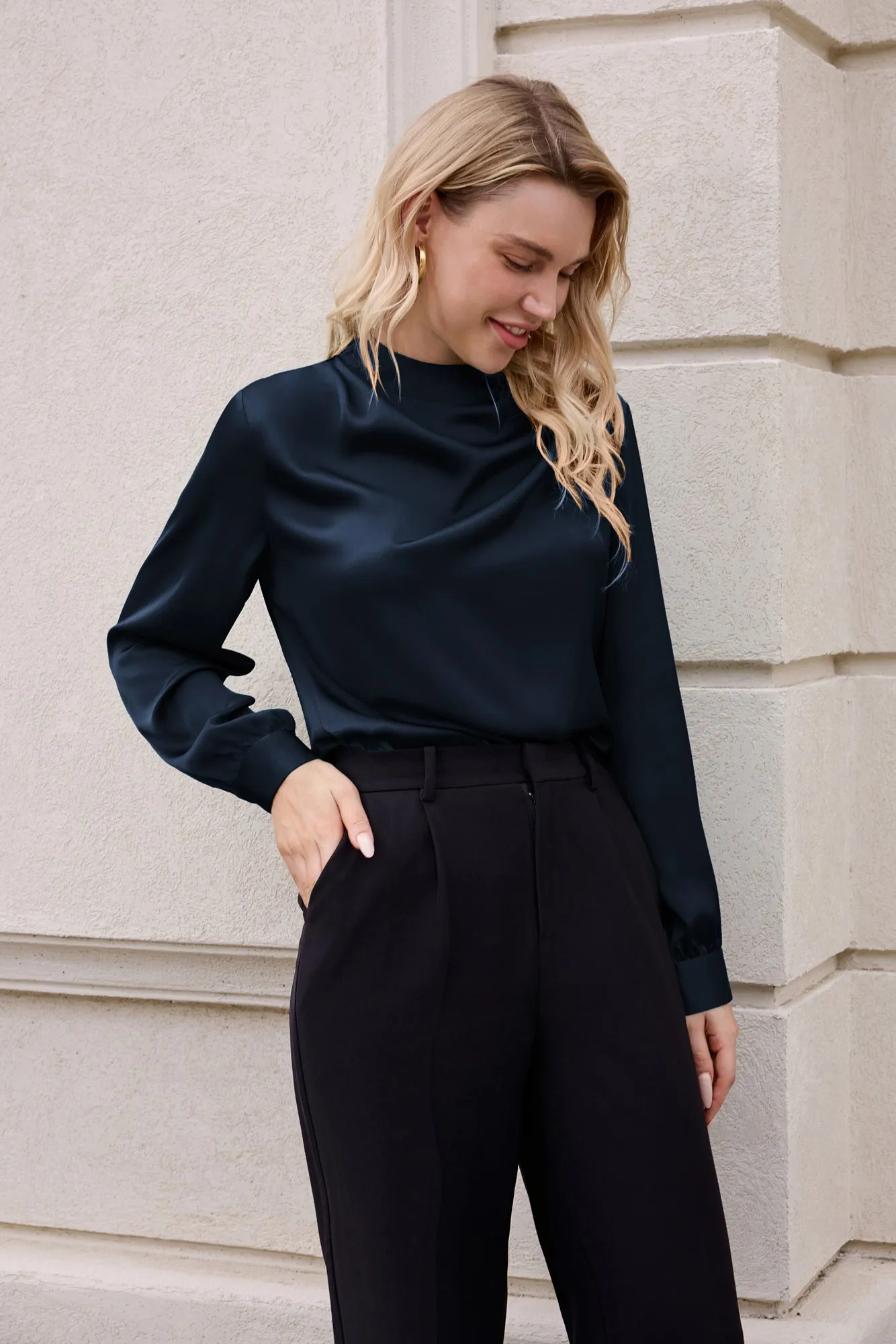 Women Keyhole Back Blouse OL Long Sleeve Half High Neck Pullover Tops