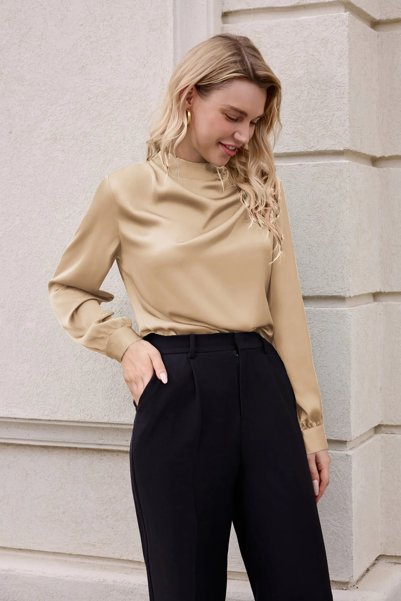 Women Keyhole Back Blouse OL Long Sleeve Half High Neck Pullover Tops