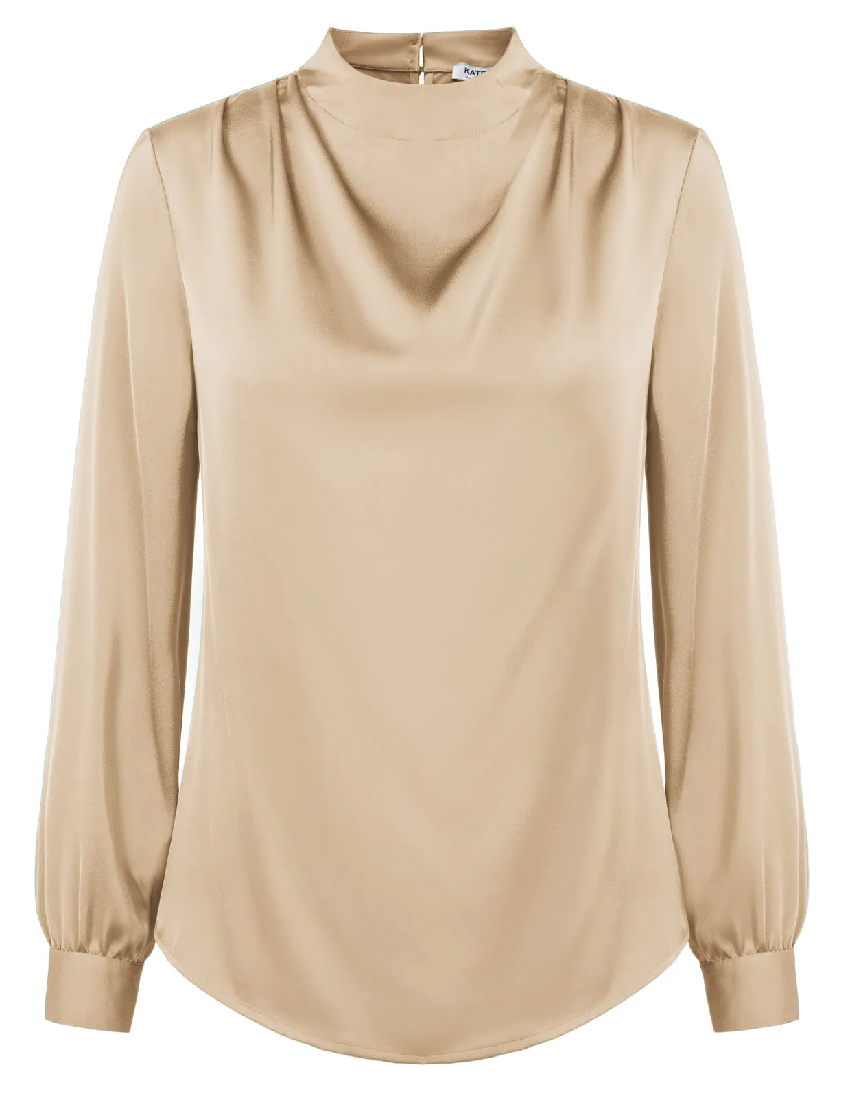Women Keyhole Back Blouse OL Long Sleeve Half High Neck Pullover Tops