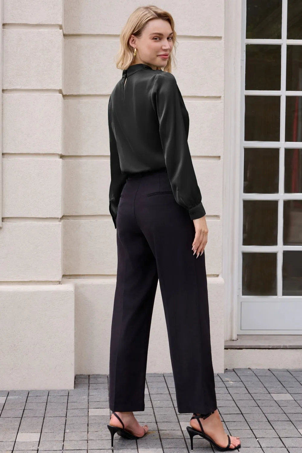 Women Keyhole Back Blouse OL Long Sleeve Half High Neck Pullover Tops