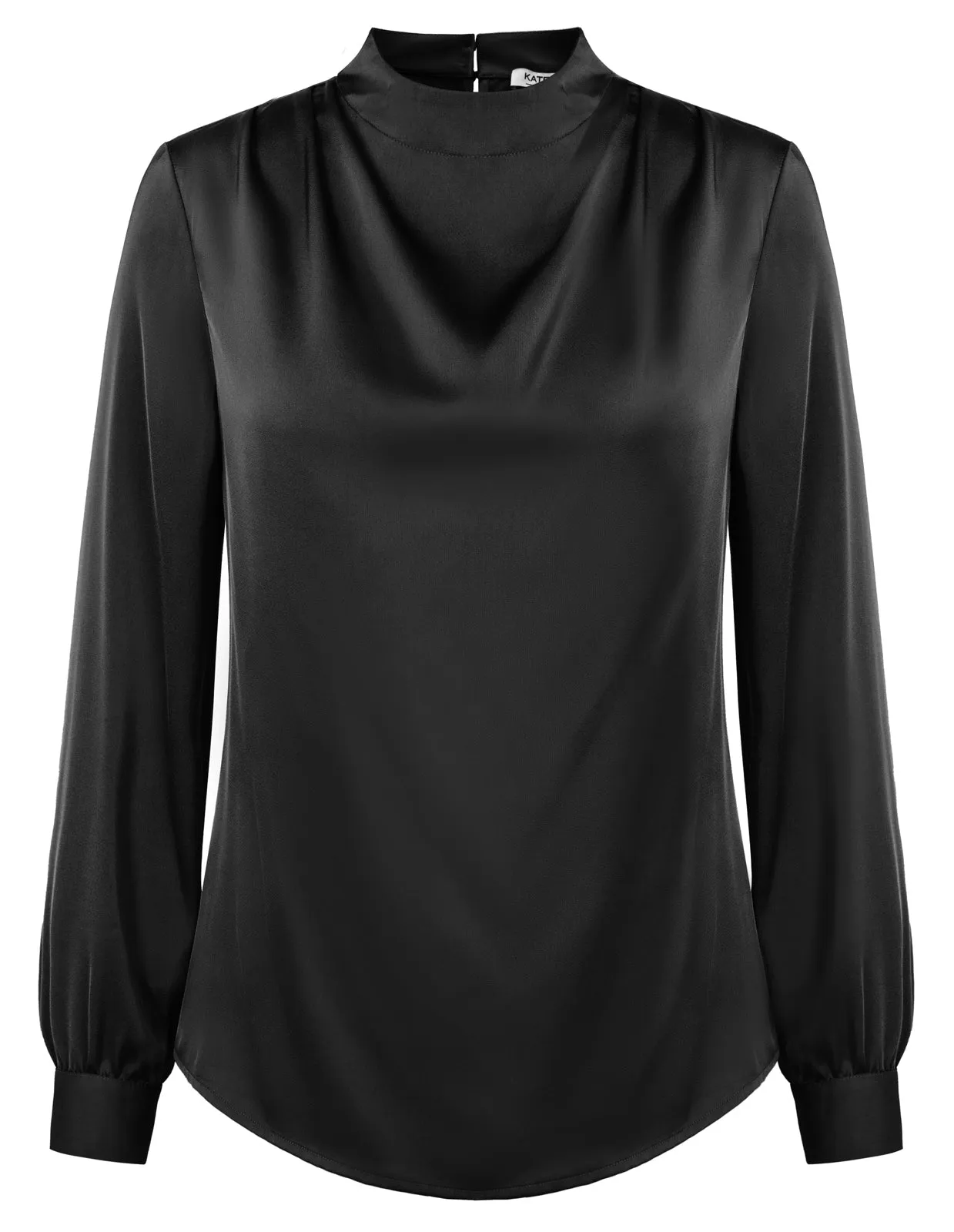 Women Keyhole Back Blouse OL Long Sleeve Half High Neck Pullover Tops