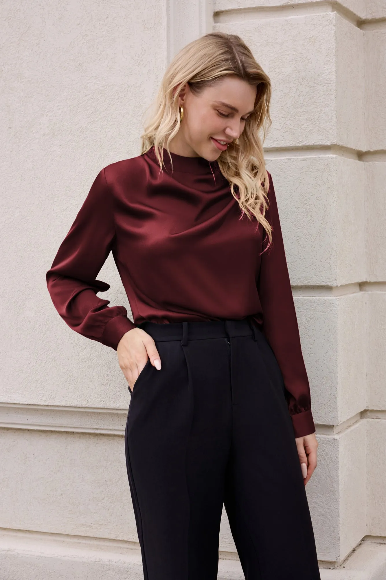 Women Keyhole Back Blouse OL Long Sleeve Half High Neck Pullover Tops