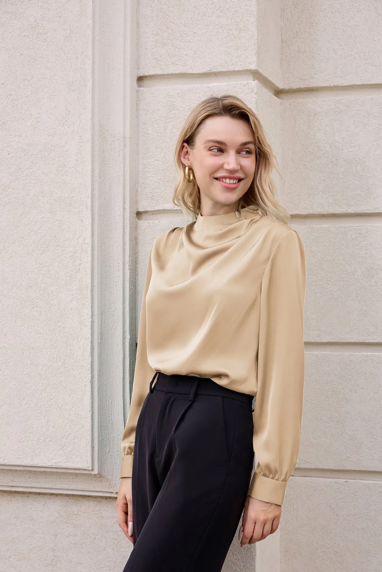 Women Keyhole Back Blouse OL Long Sleeve Half High Neck Pullover Tops