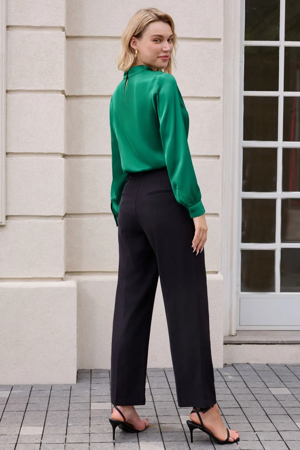 Women Keyhole Back Blouse OL Long Sleeve Half High Neck Pullover Tops