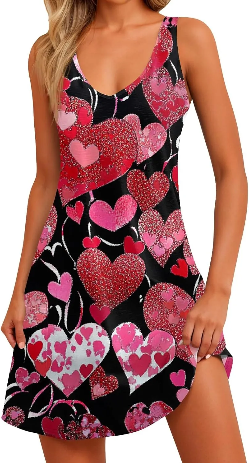 Women Summer Dresses Sleeveless V Neck Swimsuit Coverup Vacation Casual Sundress Printed Beach Dress with Pocket