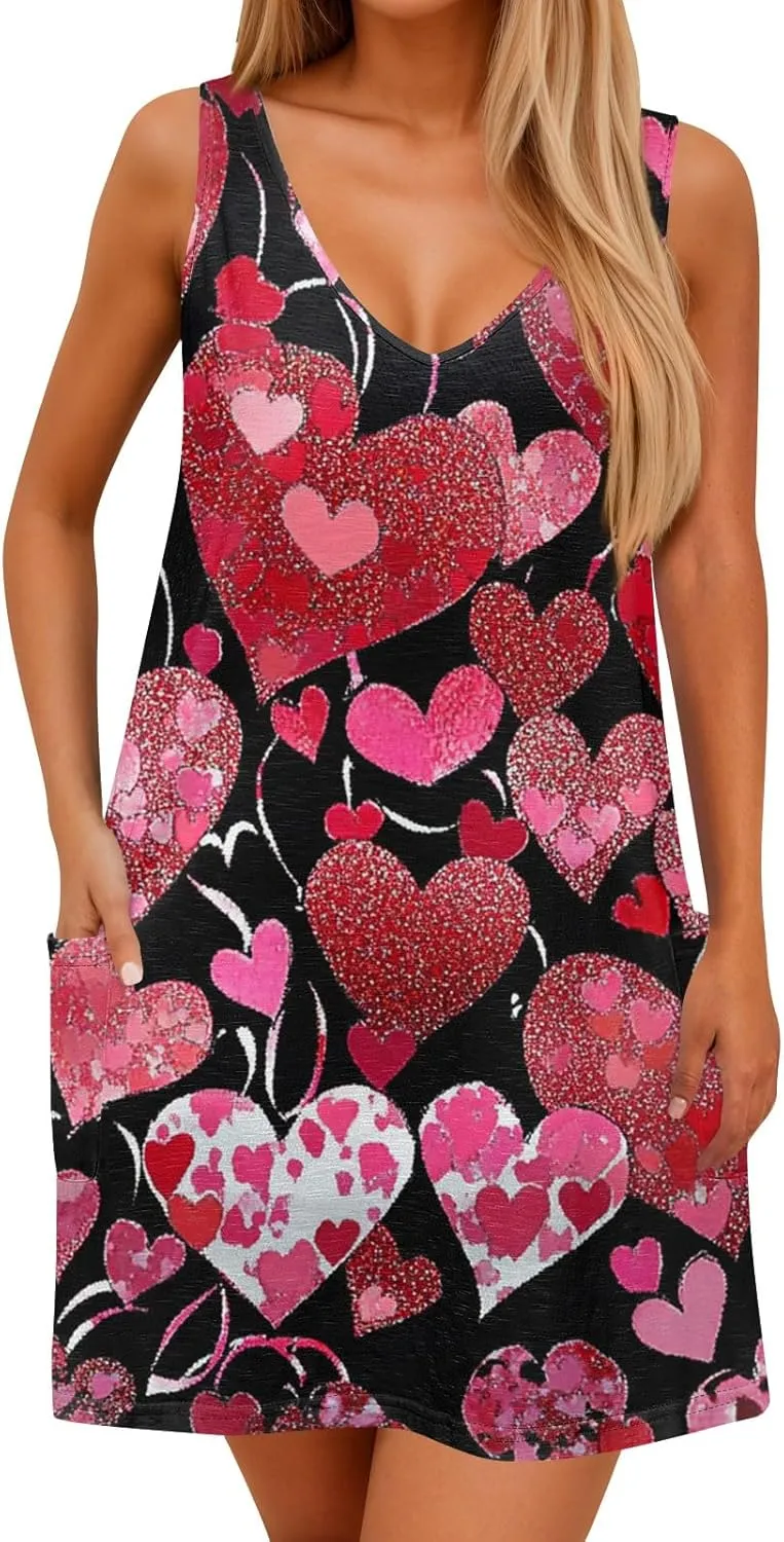 Women Summer Dresses Sleeveless V Neck Swimsuit Coverup Vacation Casual Sundress Printed Beach Dress with Pocket