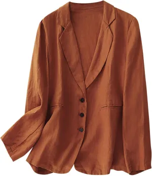 Womens Cotton Linen Blazer Notch Lapel Single Breasted Suit Coat Jackets Boyfriend Loose Casual Comfy Blazer Jacket