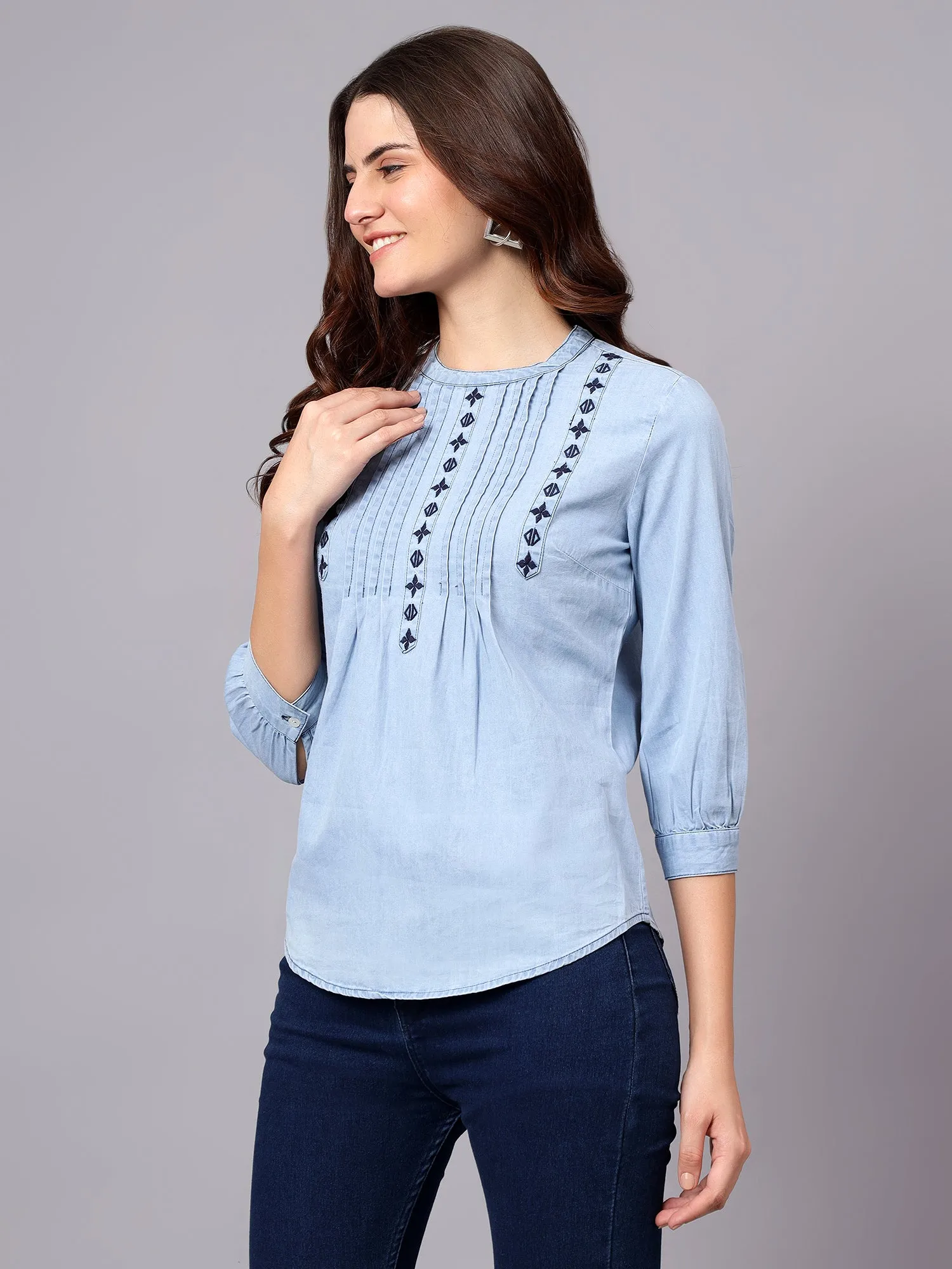Women's Light Blue Embroidery Casual Top