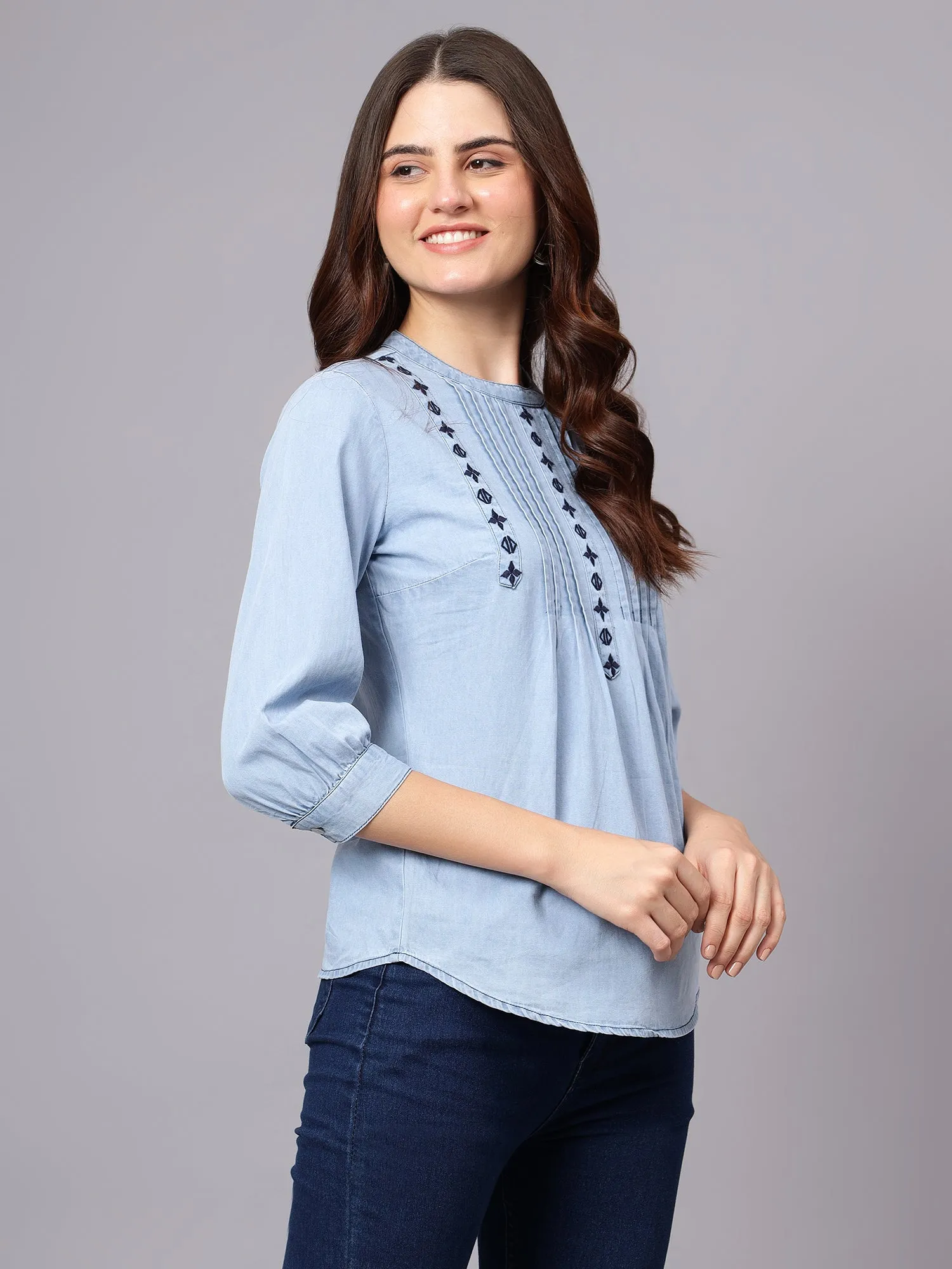 Women's Light Blue Embroidery Casual Top
