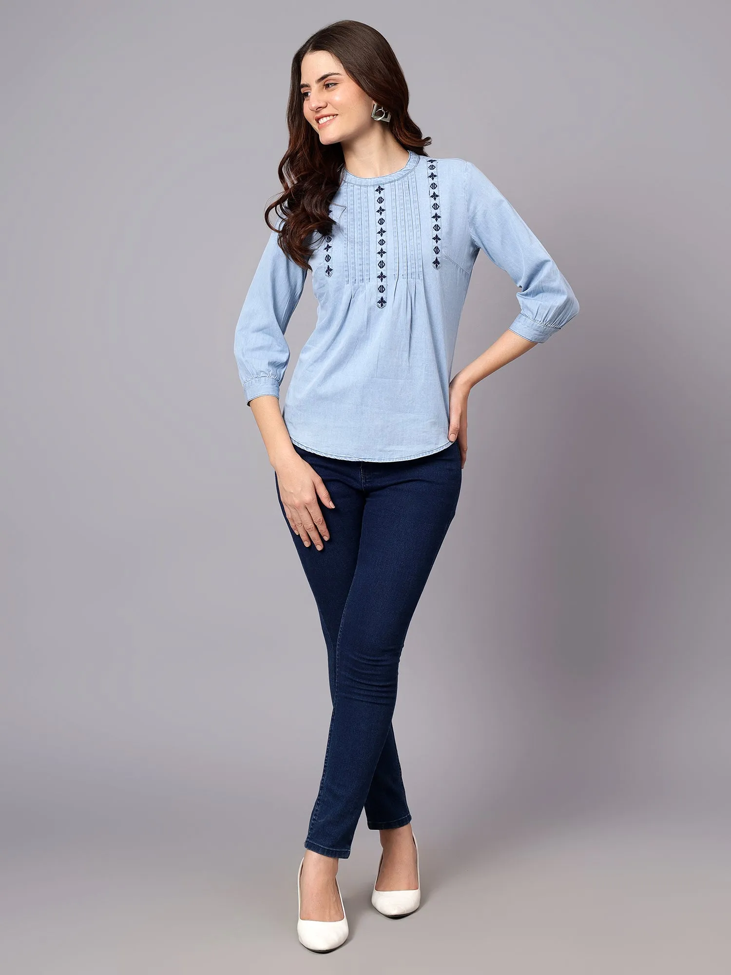 Women's Light Blue Embroidery Casual Top