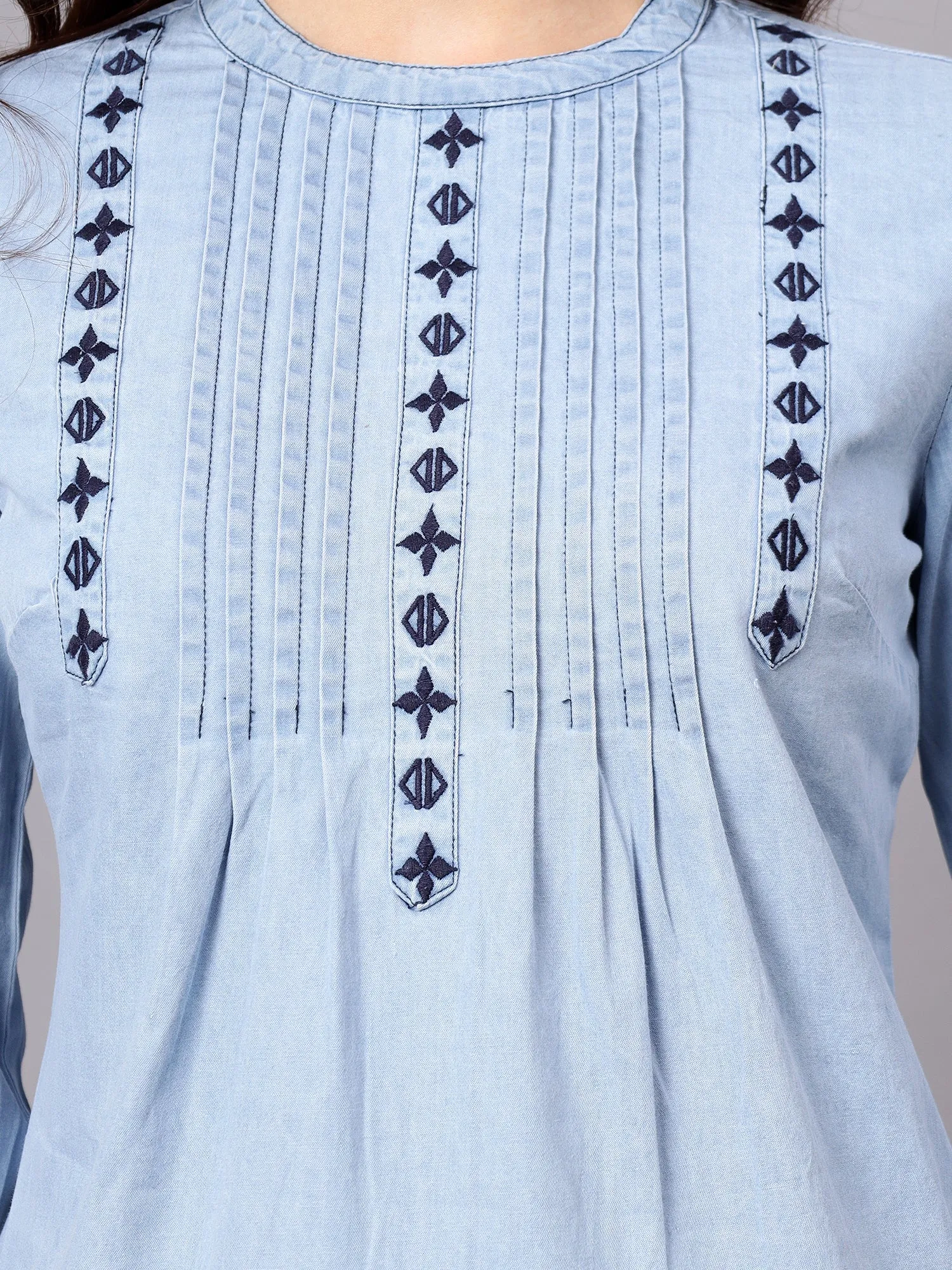 Women's Light Blue Embroidery Casual Top