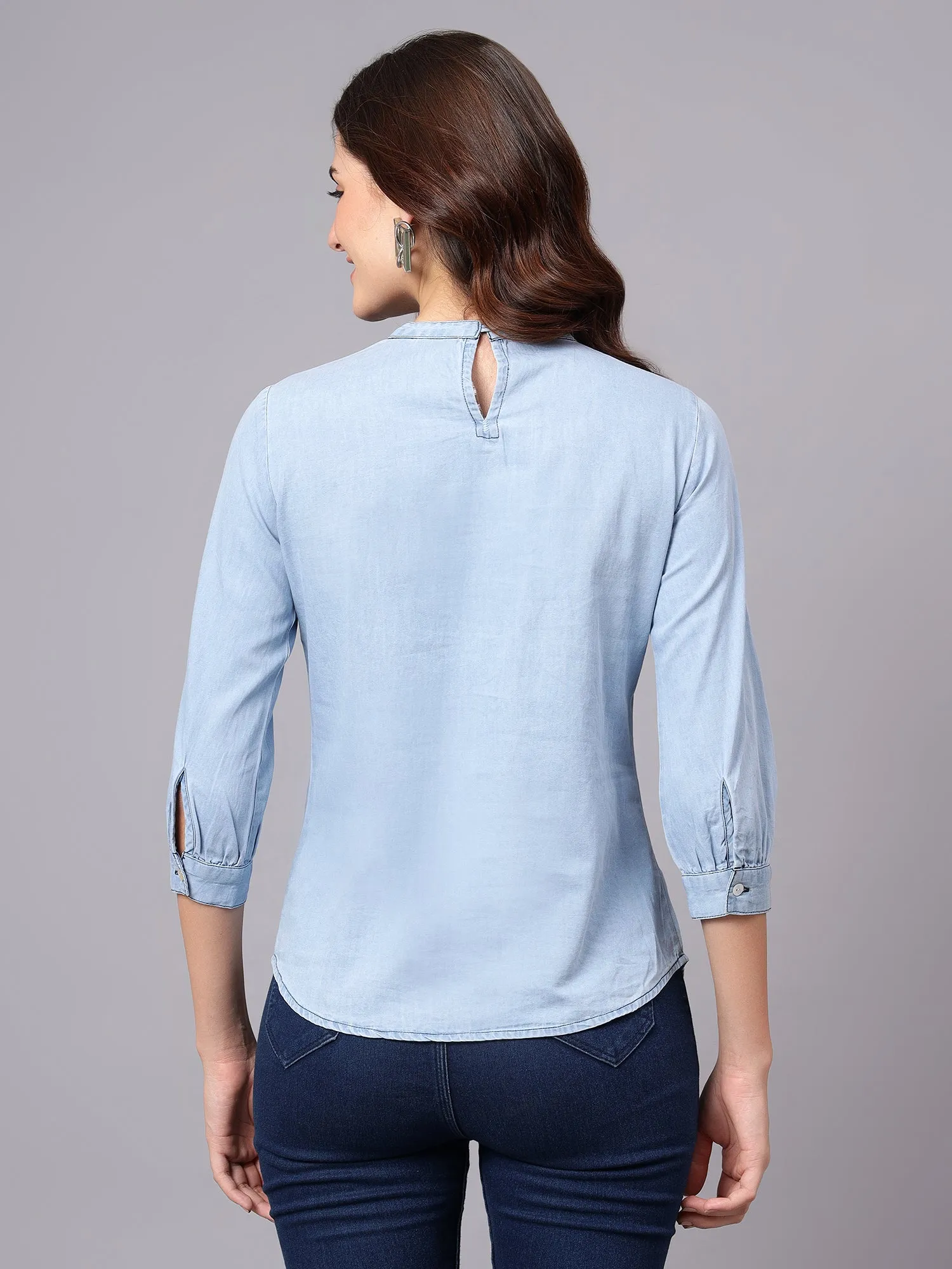 Women's Light Blue Embroidery Casual Top