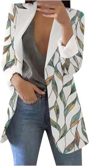 Women's Long Blazer Casual Printed Suit Sleeve Loose Comfortable Cardigan Coat Blazers for Work Casual