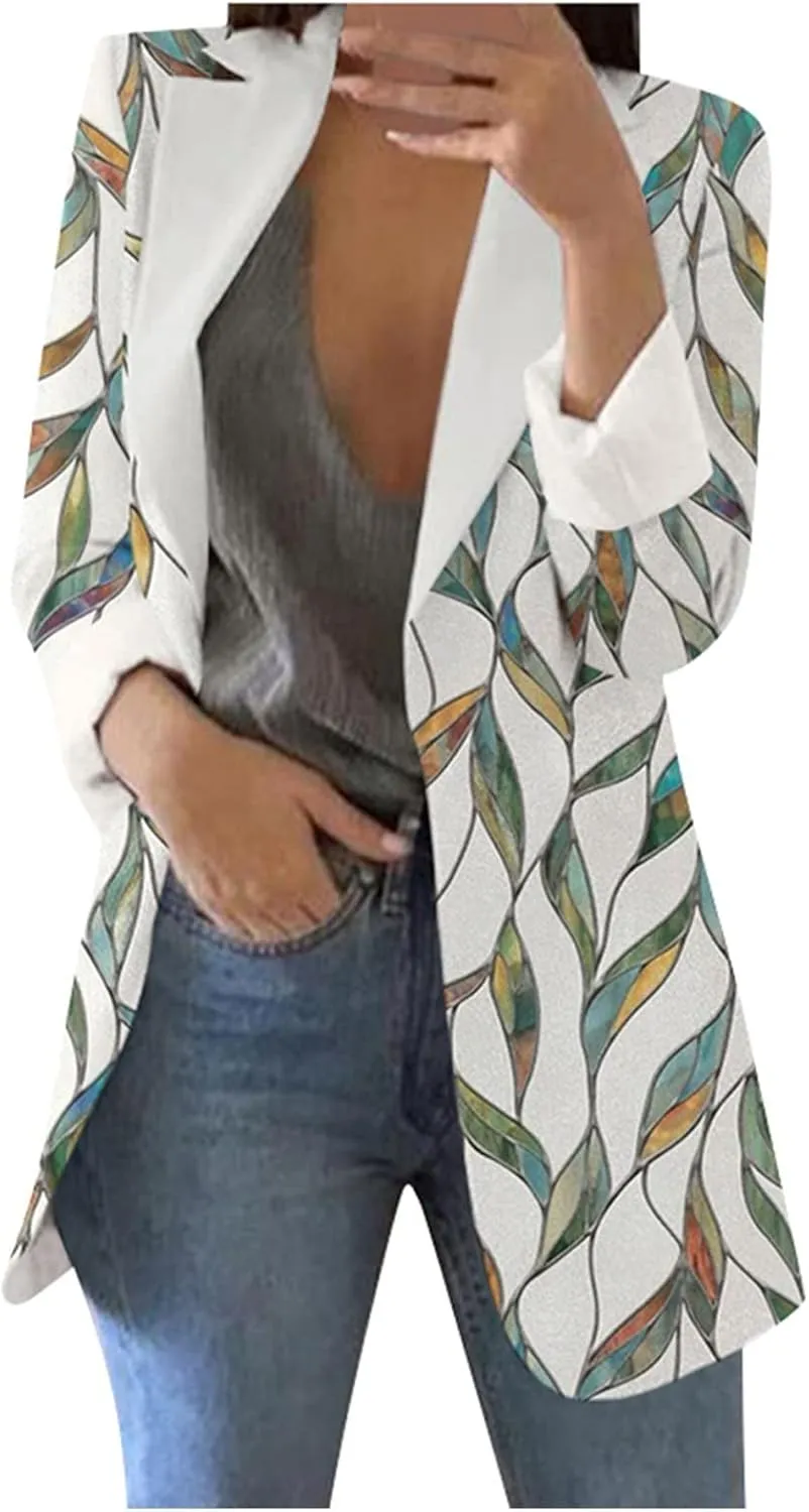 Women's Long Blazer Casual Printed Suit Sleeve Loose Comfortable Cardigan Coat Blazers for Work Casual