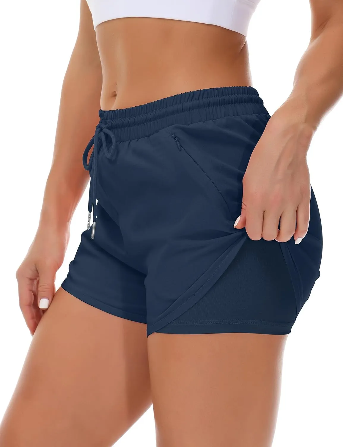 Women's Running Shorts with Liner 3 Zipper Pockets Elastic Workout Athletic Gym Yoga Shorts