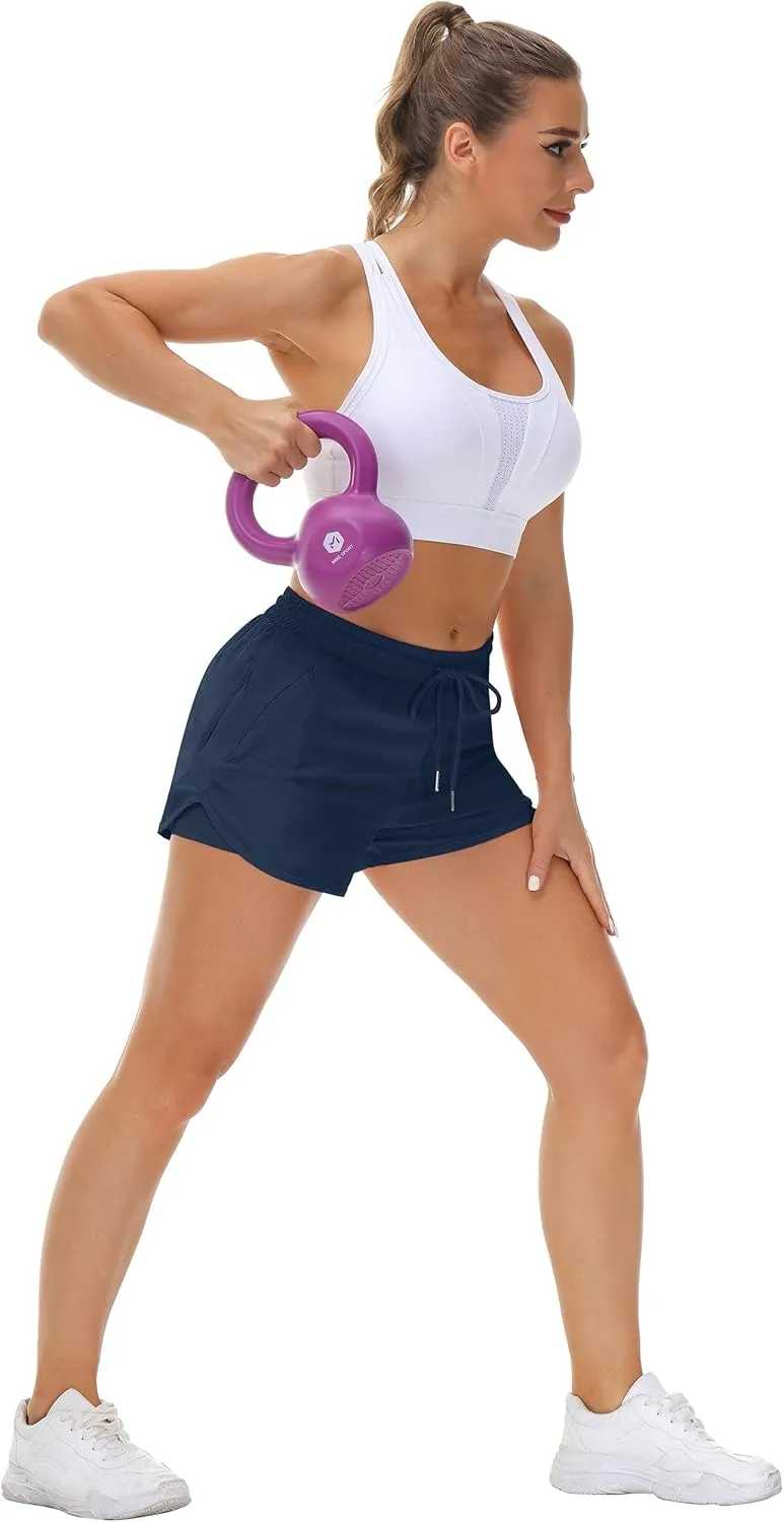 Women's Running Shorts with Liner 3 Zipper Pockets Elastic Workout Athletic Gym Yoga Shorts