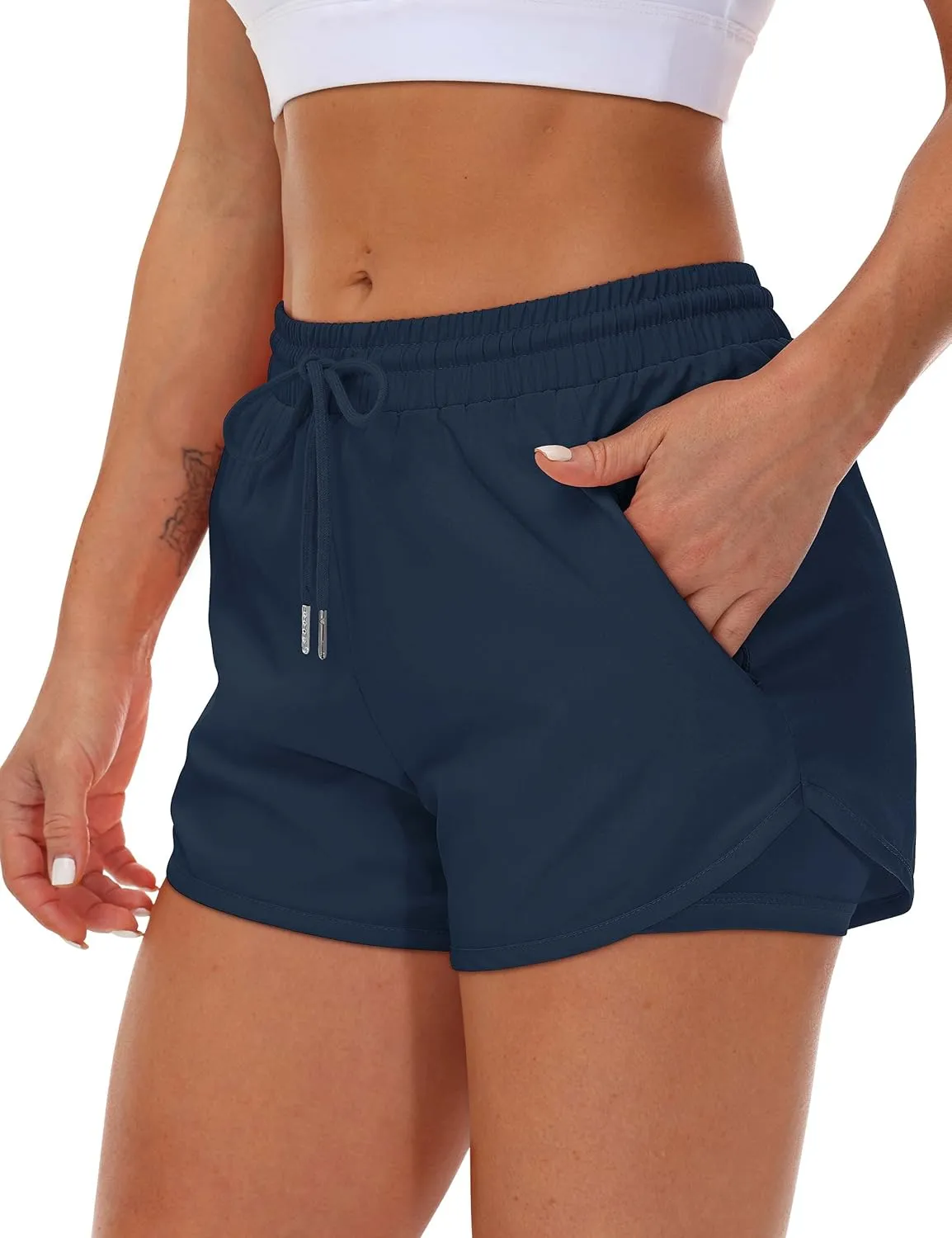 Women's Running Shorts with Liner 3 Zipper Pockets Elastic Workout Athletic Gym Yoga Shorts