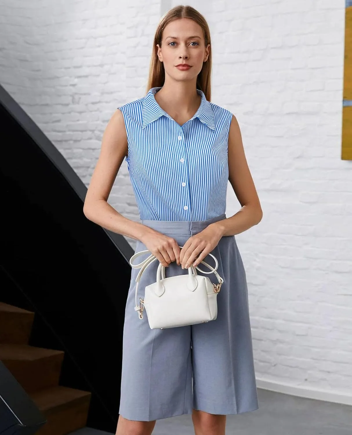 Womens Sleeveless Button Down Shirts Collared Blouse V Neck Work Tank Top Business Office Summer Outfits 2025