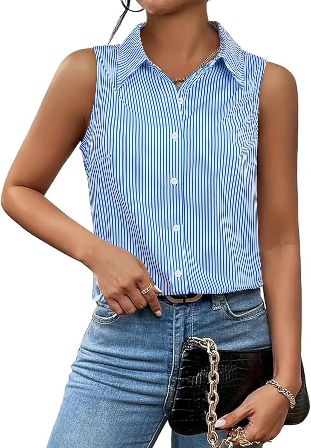 Womens Sleeveless Button Down Shirts Collared Blouse V Neck Work Tank Top Business Office Summer Outfits 2025