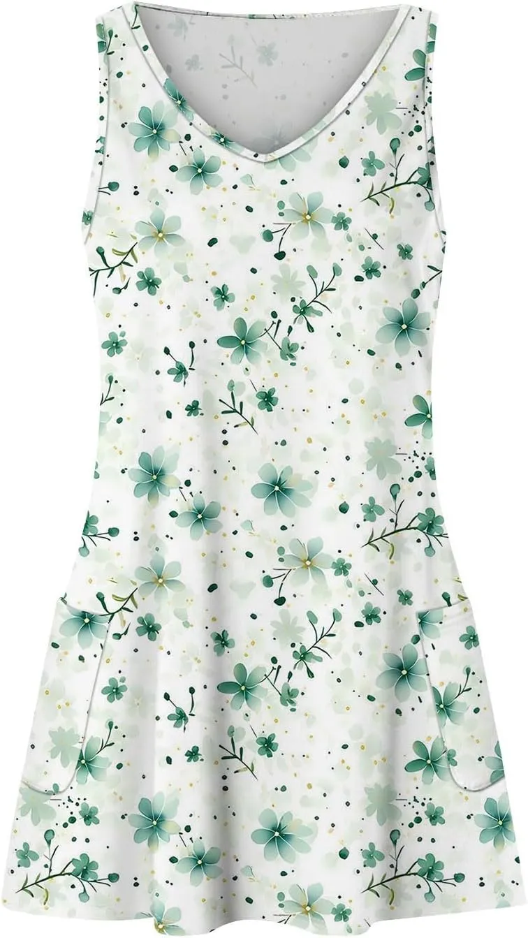 Women's Summer Dresses Casual Beach Swimsuit Coverup V Neck Sleeveless Dress with Pocket 2025 Printed Sundress