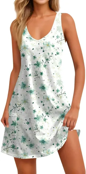 Women's Summer Dresses Casual Beach Swimsuit Coverup V Neck Sleeveless Dress with Pocket 2025 Printed Sundress