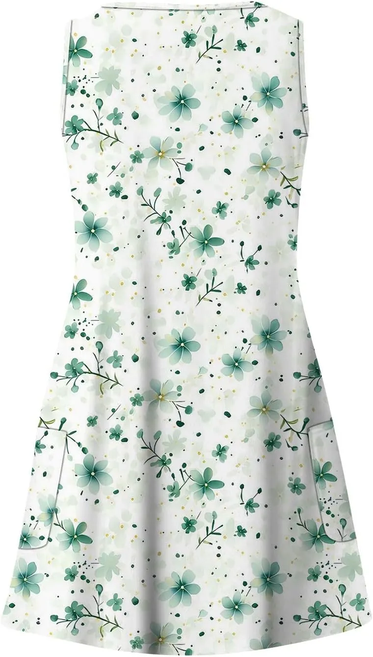 Women's Summer Dresses Casual Beach Swimsuit Coverup V Neck Sleeveless Dress with Pocket 2025 Printed Sundress
