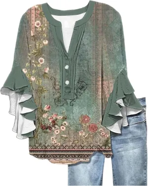 Womens Summer Floral Blouse Dressy Casual Ruffle 3/4 Sleeve Tops Trendy Button V Neck Boho Shirts Business Work Tunic