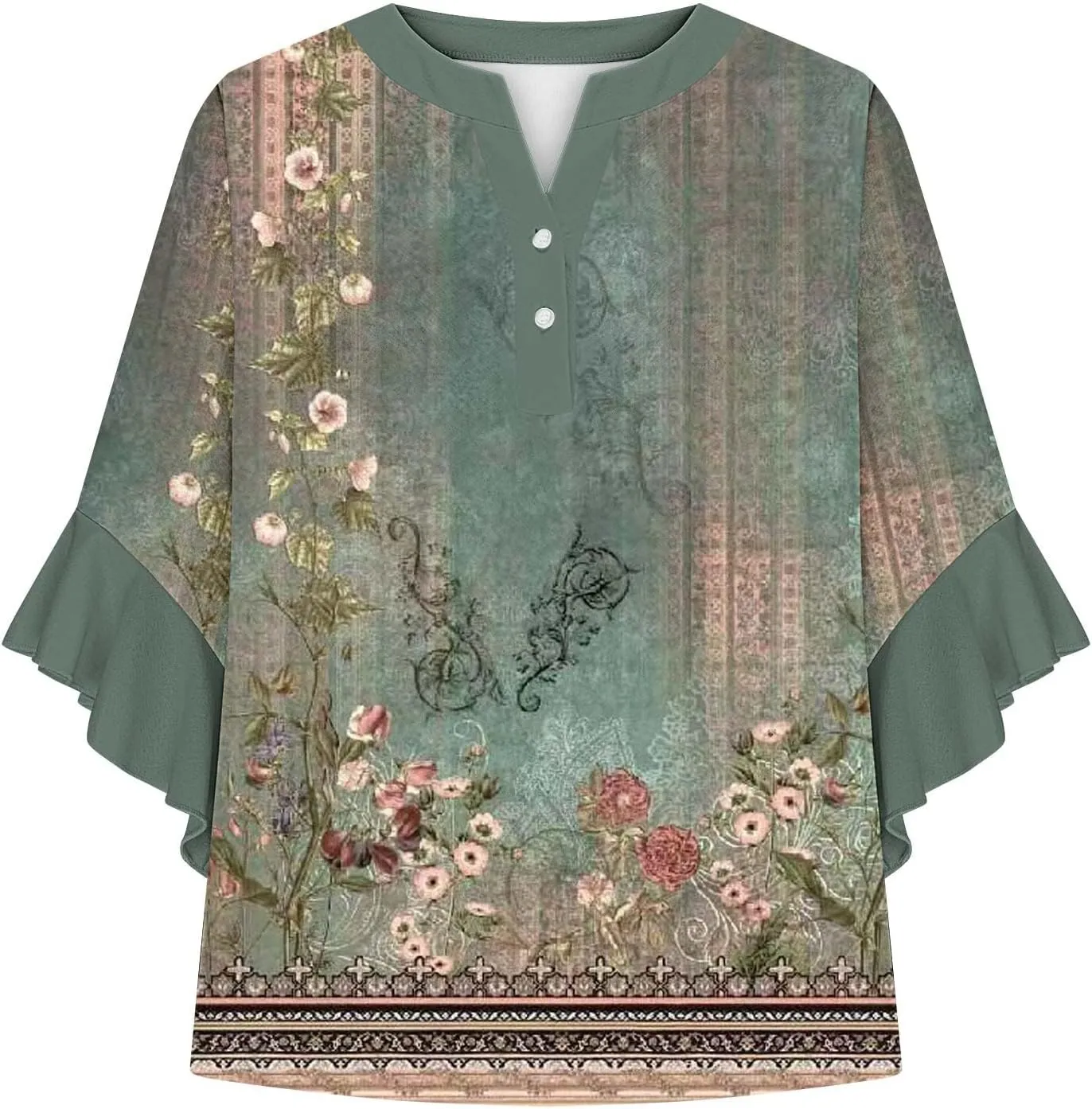 Womens Summer Floral Blouse Dressy Casual Ruffle 3/4 Sleeve Tops Trendy Button V Neck Boho Shirts Business Work Tunic