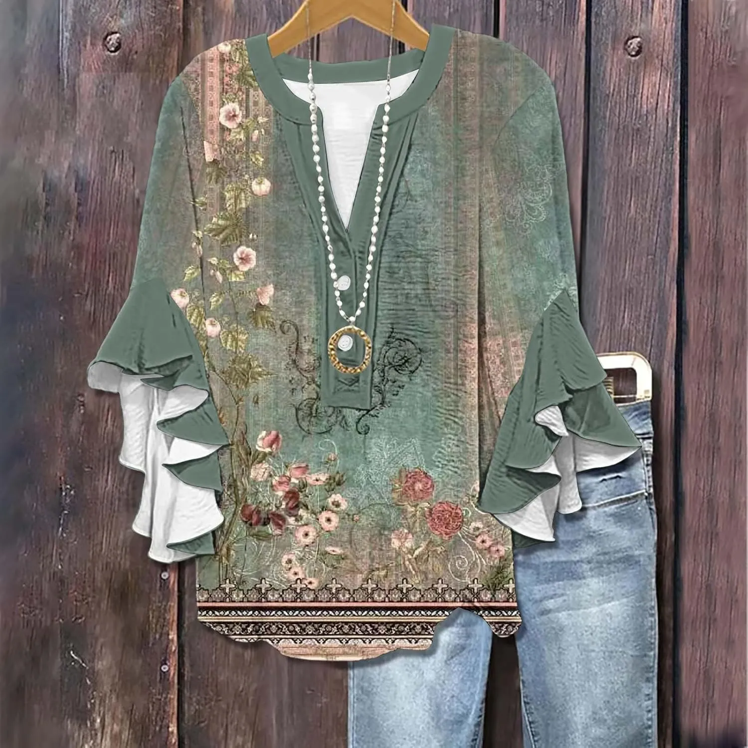 Womens Summer Floral Blouse Dressy Casual Ruffle 3/4 Sleeve Tops Trendy Button V Neck Boho Shirts Business Work Tunic